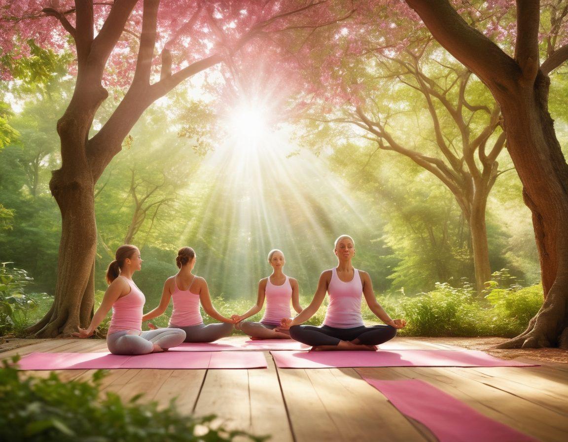 A serene scene depicting a diverse group of individuals engaging in a variety of wellness activities, such as yoga, meditation, and healthy cooking, in a bright, uplifting environment. Soft sunlight filtering through trees, symbolizing hope and healing, with subtle pink and green tones to represent vitality. Include elements of cancer awareness like ribbons in the background. super-realistic. vibrant colors. natural setting.