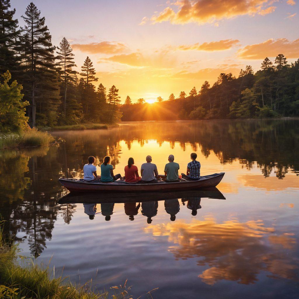 A serene landscape depicting a sunrise over a tranquil lake, symbolizing hope and new beginnings. In the foreground, a diverse group of smiling individuals of various ages engages in a supportive conversation, representing community and resilience. Gentle rays of sunlight illuminate the scene, adding warmth and positivity. Use soft, inviting colors to evoke a sense of calm and inspiration. super-realistic. vibrant colors.