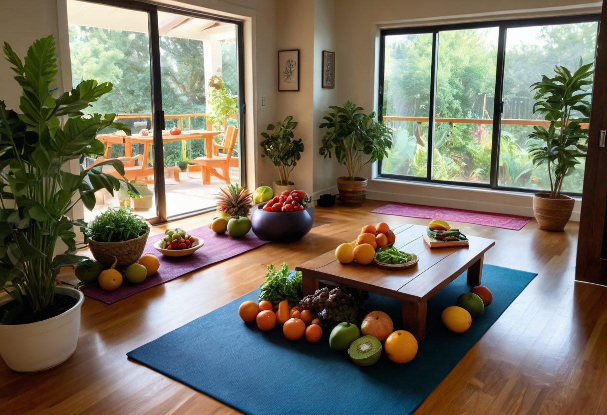 An inviting kitchen with fresh fruits and vegetables artfully arranged on a wooden table, a yoga mat laid out in a sunlit corner, and an open book on wellness, surrounded by plants symbolizing growth and health. In the background, a cheerful support group engaging in discussion highlights community. Soft, natural lighting creates a warm, welcoming atmosphere. super-realistic. vibrant colors. cozy setting.